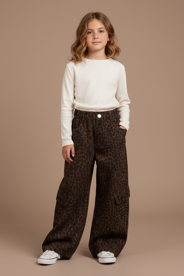 Pantalon Léopard Marron Ample Cargo Décontracté Fille - Toile
