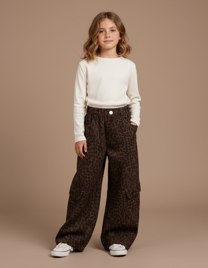 Pantalon Léopard Marron Ample Cargo Décontracté Fille - Toile