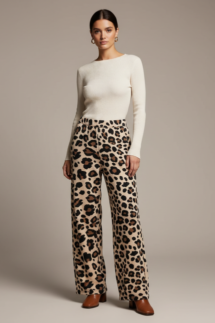 Pantalon Léopard Ample Imprimé Doux Confortable Élastique - Maille