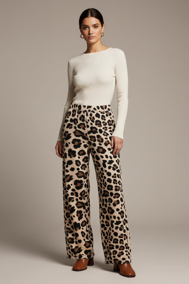 Pantalon Léopard Ample Imprimé Doux Confortable Élastique - Maille