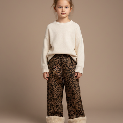 Pantalon Léopard Marron Imprimé Chaud Ample Enfant - Molleton