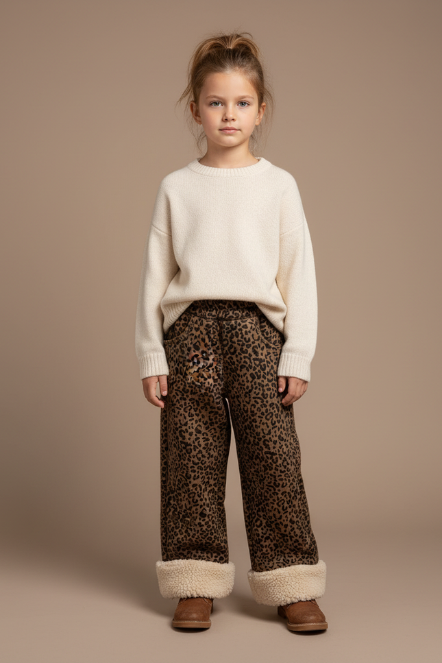 Pantalon Léopard Marron Imprimé Chaud Ample Enfant - Molleton