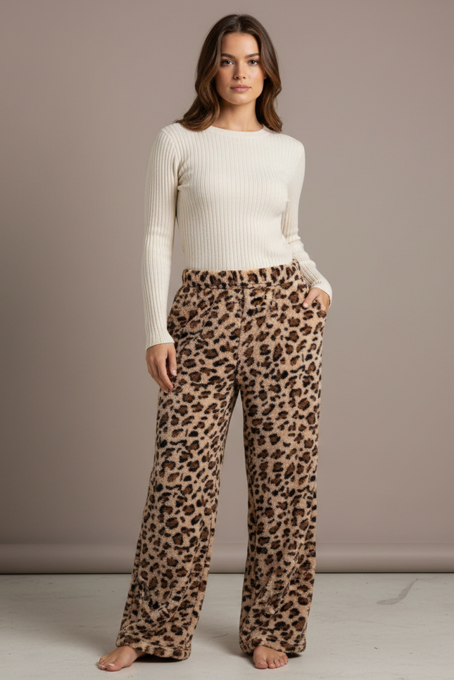 Pantalon Léopard Doux Molletonné Ample Décontracté Femme - Imprimé