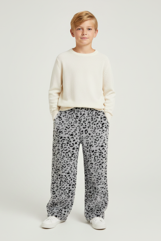Pantalon Léopard Gris Pelucheux Ample Confortable - Imprimé Molleton