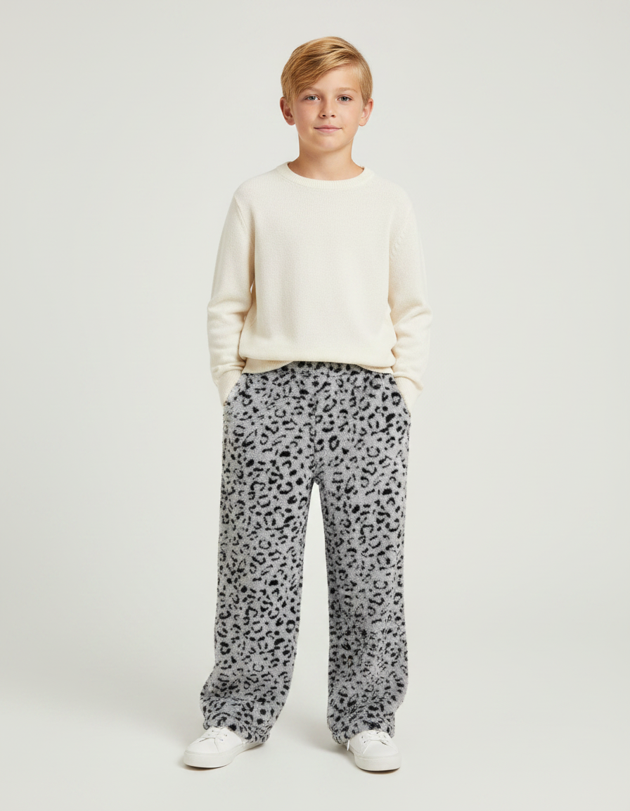 Pantalon Léopard Gris Pelucheux Ample Confortable - Imprimé Molleton
