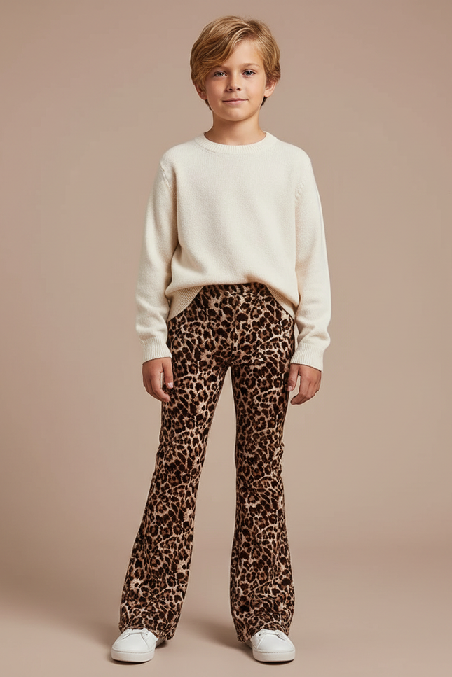 Pantalon Léopard Marron Évasé Enfant Confortable - Imprimé Velours