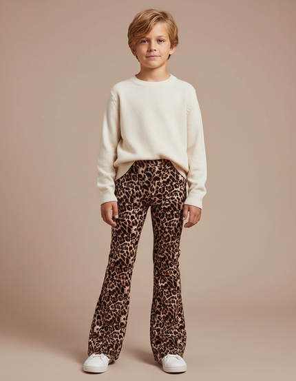 Pantalon Léopard Marron Évasé Enfant Confortable - Imprimé Velours