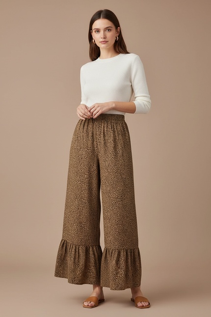Pantalon Léopard Fluide Marron Plissé Ample Volants - Viscose