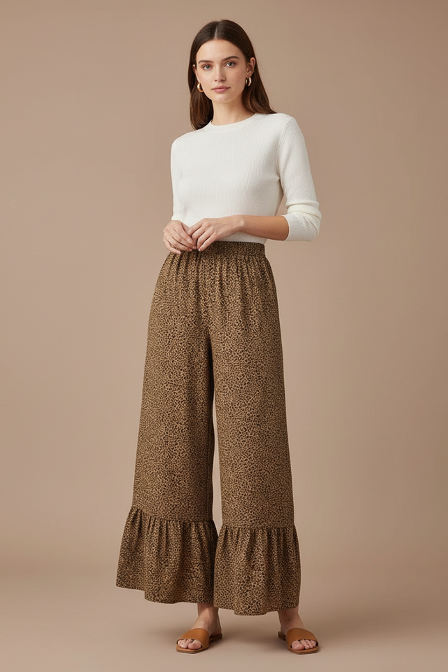 Pantalon Léopard Fluide Marron Plissé Ample Volants - Viscose