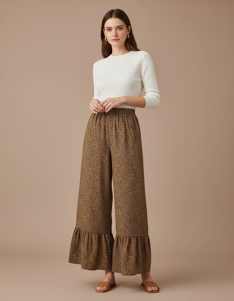 Pantalon Léopard Fluide Marron Plissé Ample Volants - Viscose
