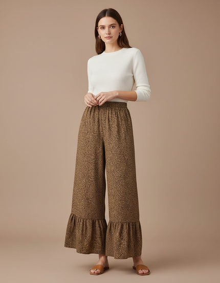 Pantalon Léopard Fluide Marron Plissé Ample Volants - Viscose