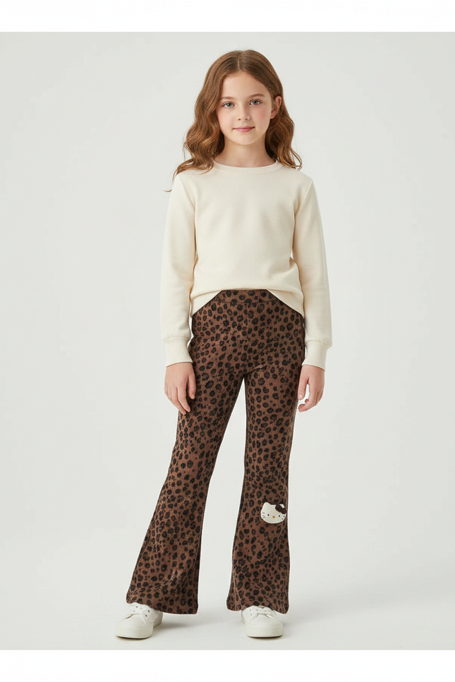 Pantalon Léopard Marron Évasé Imprimé Hello Kitty Fille - Molleton