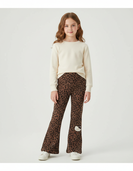 Pantalon Léopard Marron Évasé Imprimé Hello Kitty Fille - Molleton