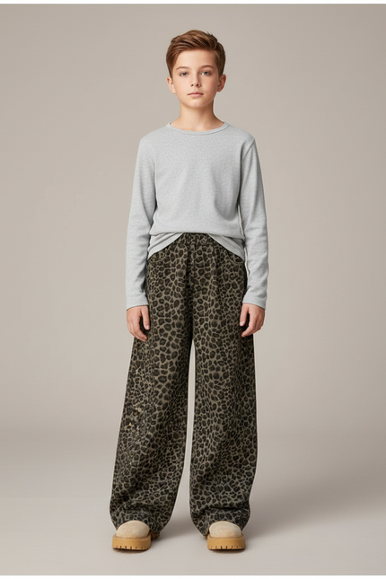 Pantalon Léopard Ample Vert Imprimé Décontracté Enfant - Molleton