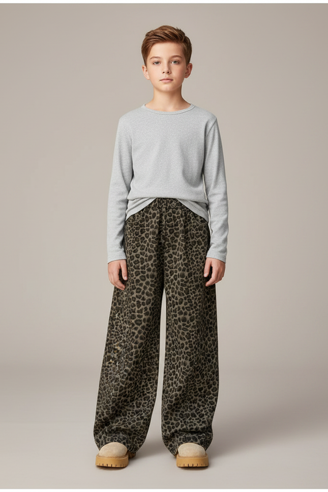 Pantalon Léopard Ample Vert Imprimé Décontracté Enfant - Molleton