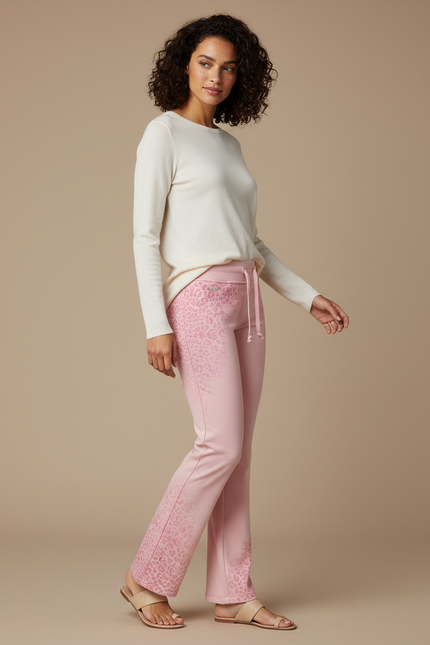 Pantalon Léopard Rose Pâle Évasé Décontracté - Molleton