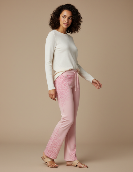 Pantalon Léopard Rose Pâle Évasé Décontracté - Molleton