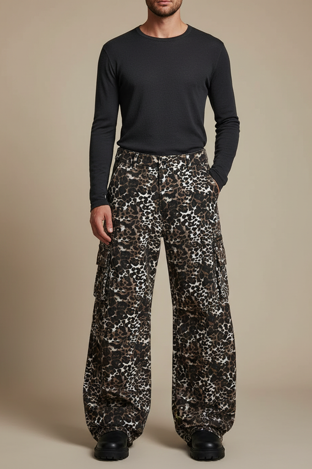 Pantalon Léopard Cargo Ample Marron Imprimé Homme - Coton