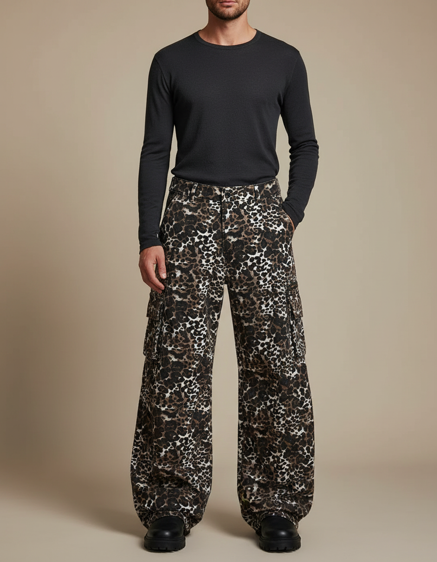 Pantalon Léopard Cargo Ample Marron Imprimé Homme - Coton