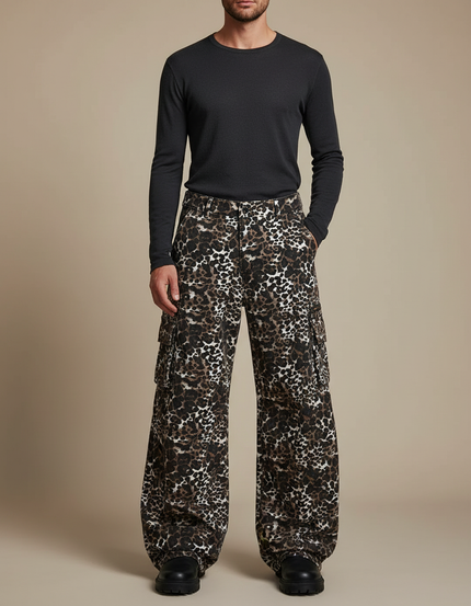 Pantalon Léopard Cargo Ample Marron Imprimé Homme - Coton