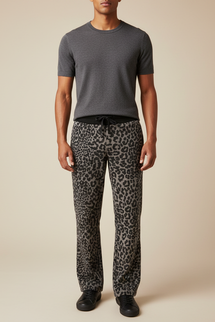 Pantalon Léopard Gris Ample Décontracté Homme Coton - Imprimé Molleton