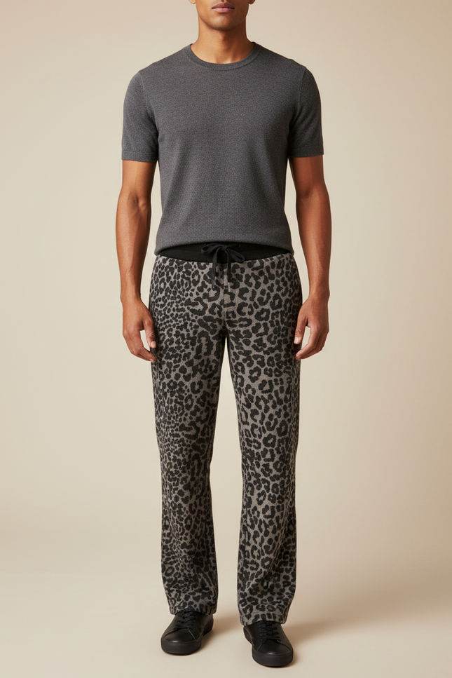 Pantalon Léopard Gris Ample Décontracté Homme Coton - Imprimé Molleton
