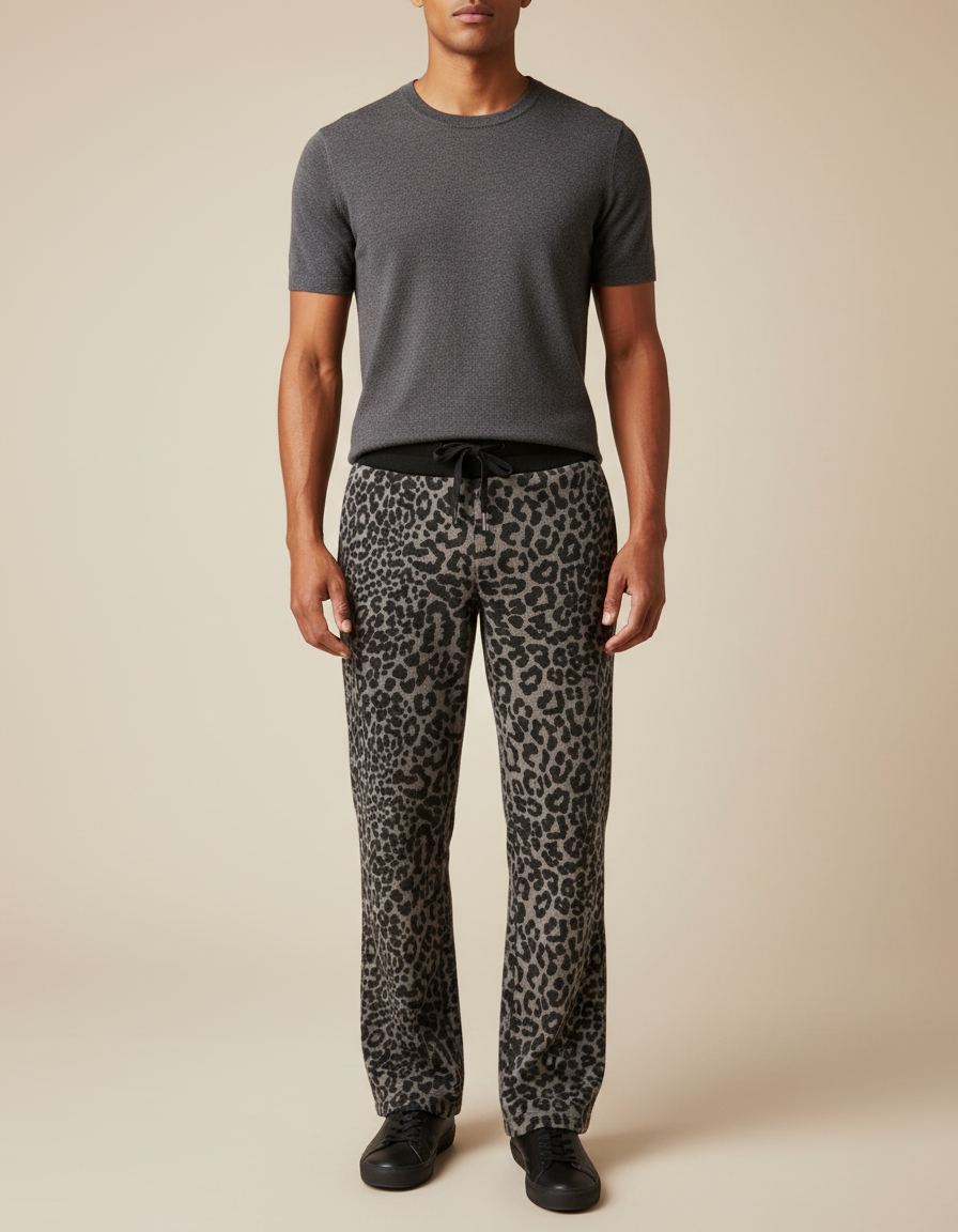 Pantalon Léopard Gris Ample Décontracté Homme Coton - Imprimé Molleton