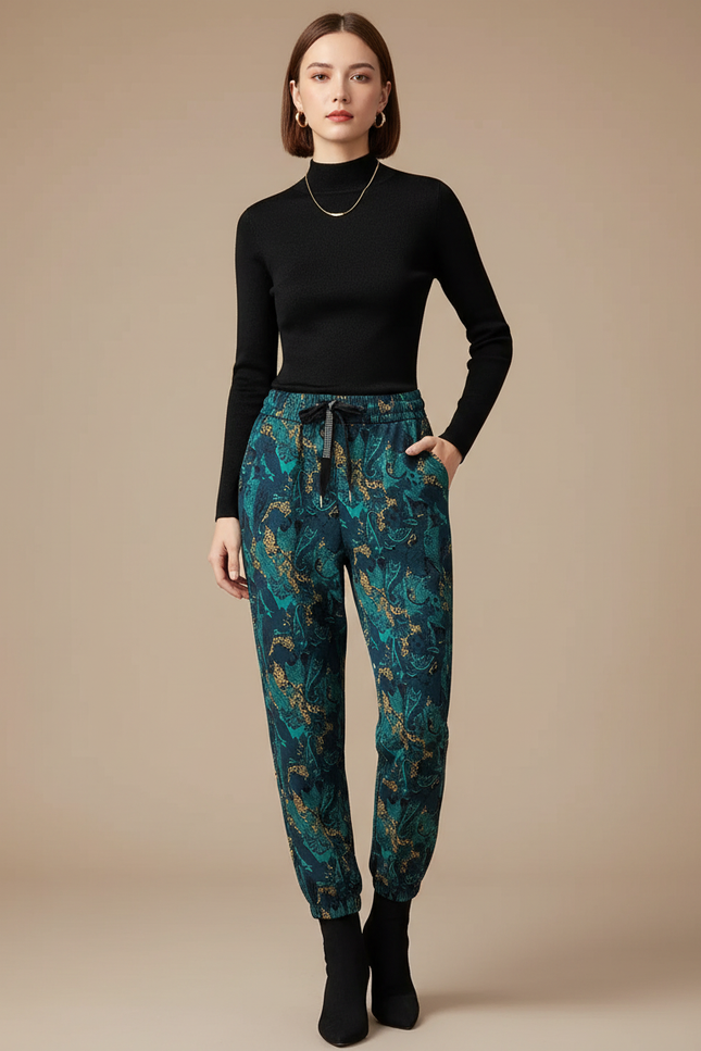 Pantalon Léopard Vert Imprimé Fluide Décontracté Femme - Viscose