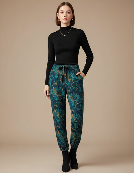 Pantalon Léopard Vert Imprimé Fluide Décontracté Femme - Viscose