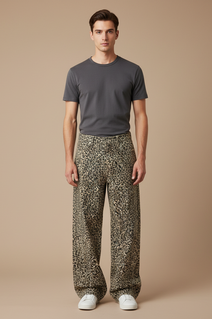Pantalon Léopard Ample Imprimé Marron Décontracté Homme - Toile