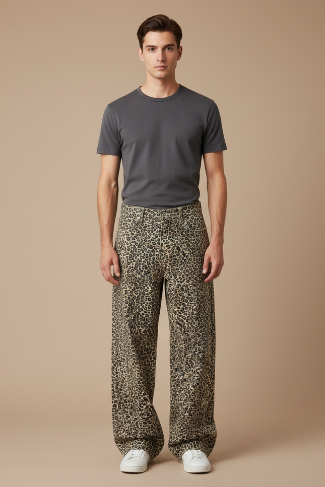 Pantalon Léopard Ample Imprimé Marron Décontracté Homme - Toile