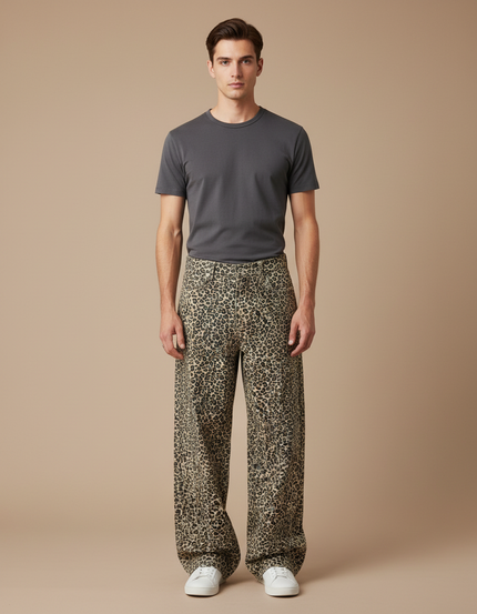 Pantalon Léopard Ample Imprimé Marron Décontracté Homme - Toile