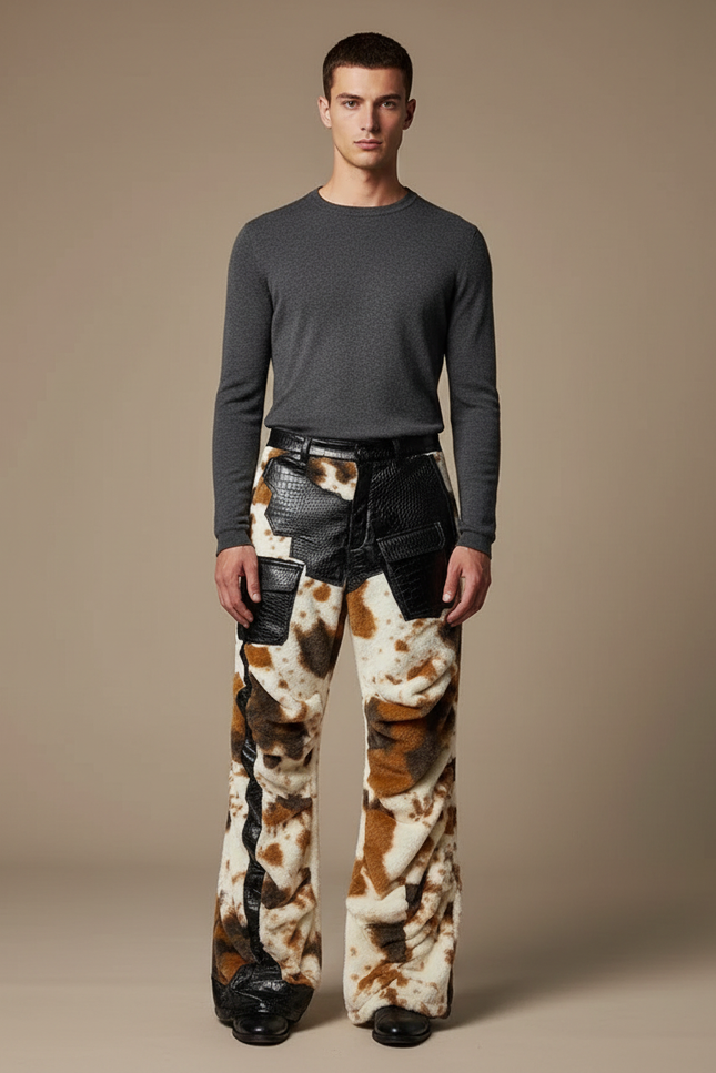Pantalon Léopard Homme Imprimé Crocodile Évasé Doux - Molleton