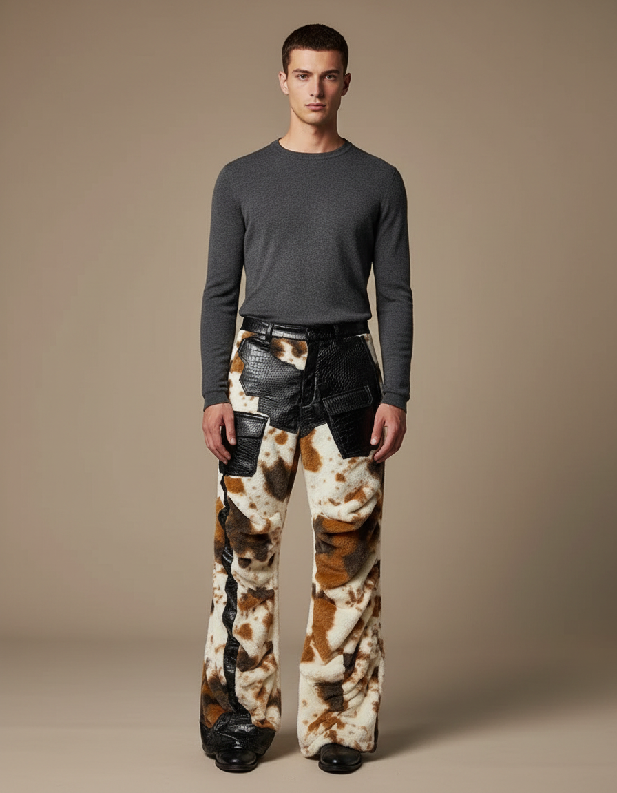 Pantalon Léopard Homme Imprimé Crocodile Évasé Doux - Molleton