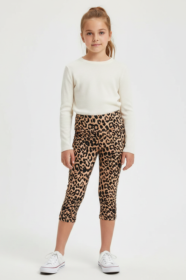 Pantalon Léopard Court Imprimé Taille Haute Fille - Polyester
