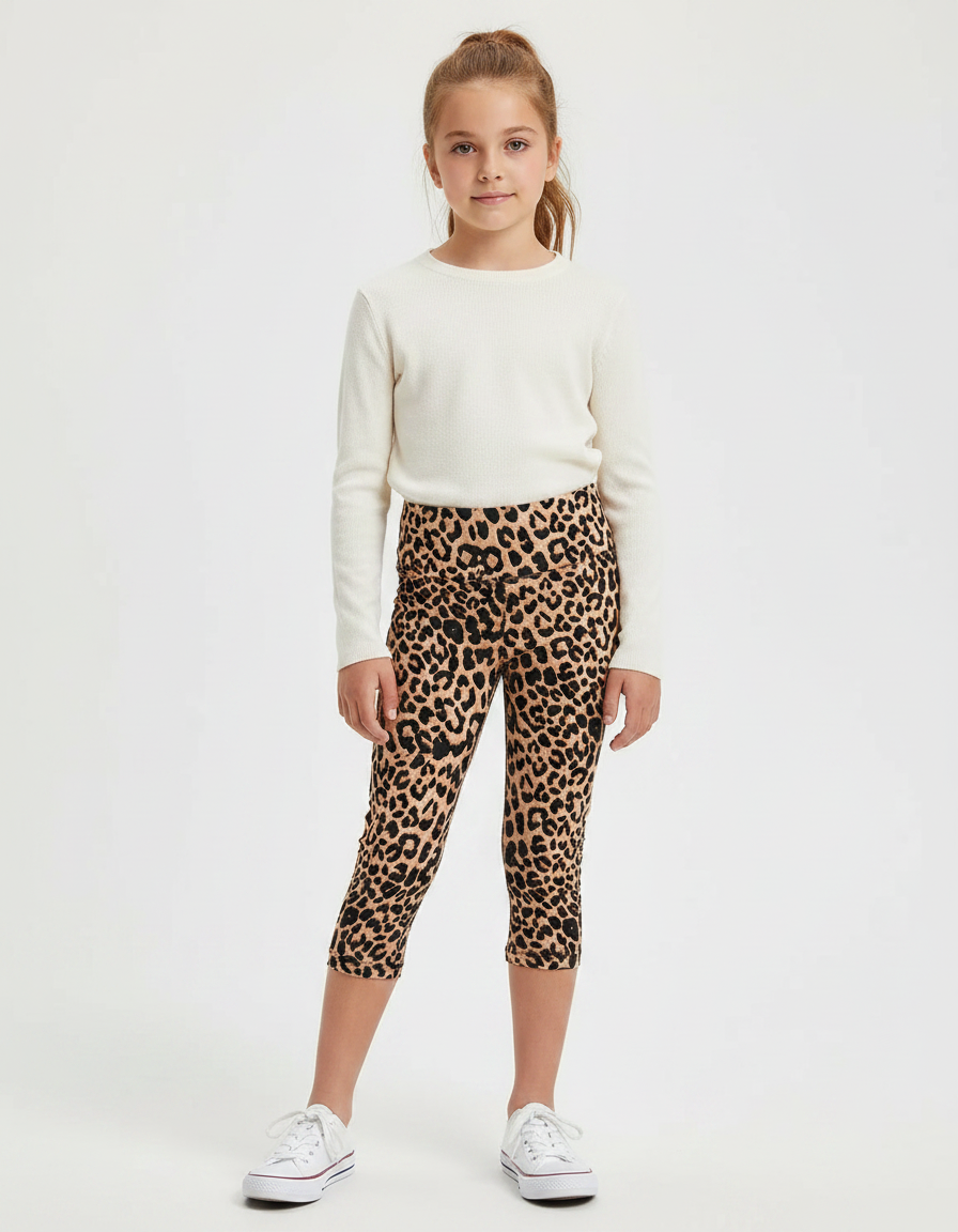 Pantalon Léopard Court Imprimé Taille Haute Fille - Polyester