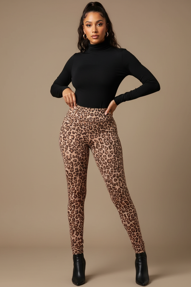 Pantalon Léopard Marron Imprimé Ajusté Taille Haute - Maille