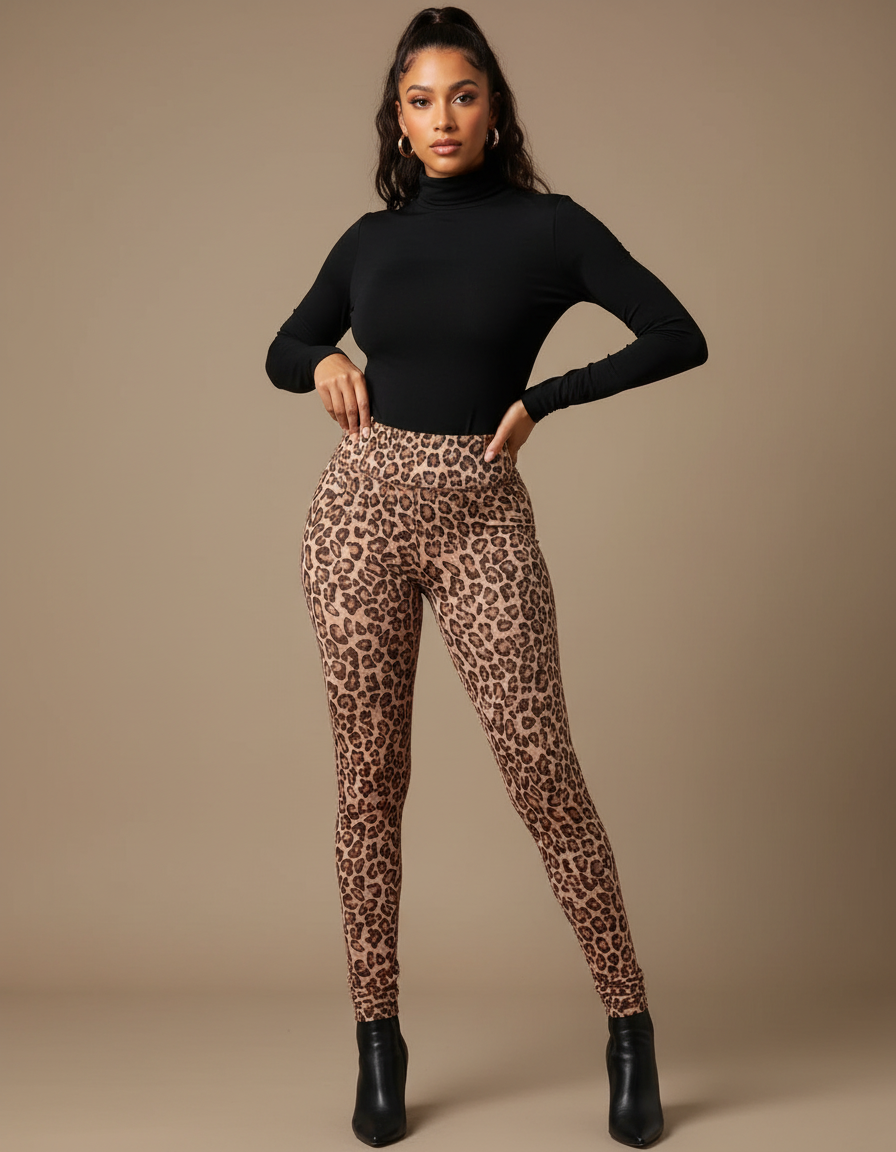 Pantalon Léopard Marron Imprimé Ajusté Taille Haute - Maille