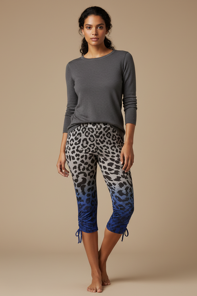 Pantalon Léopard Ombré Bleu Capri Lacets Confortable - Multicolore Maille