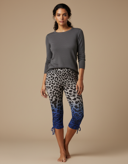 Pantalon Léopard Ombré Bleu Capri Lacets Confortable - Multicolore Maille