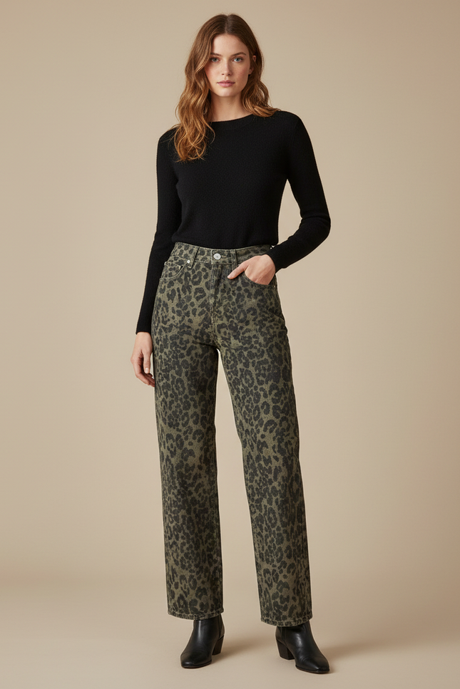 Pantalon Léopard Ample Vert Imprimé Confortable Décontracté - Jean