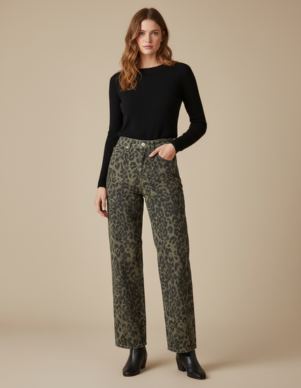 Pantalon Léopard Ample Vert Imprimé Confortable Décontracté - Jean
