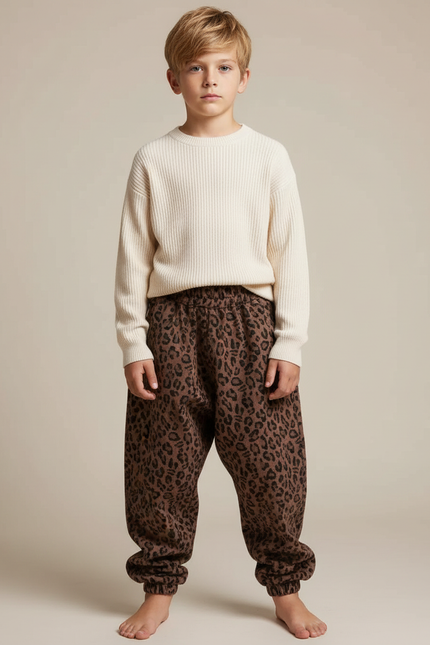 Pantalon Léopard Ample Marron Imprimé Molletonné Enfant