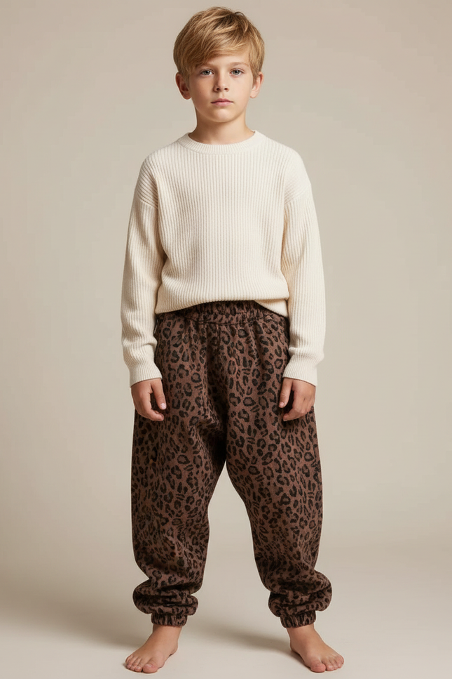 Pantalon Léopard Ample Marron Imprimé Molletonné Enfant