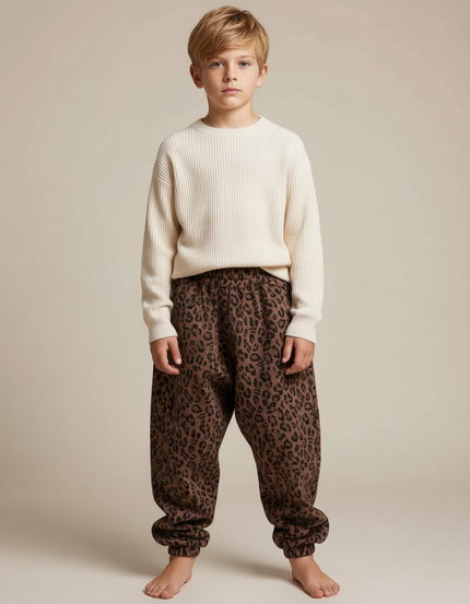 Pantalon Léopard Ample Marron Imprimé Molletonné Enfant
