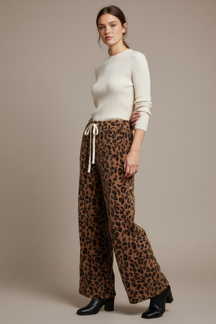 Pantalon Léopard Marron Ample Velours Doux Femme