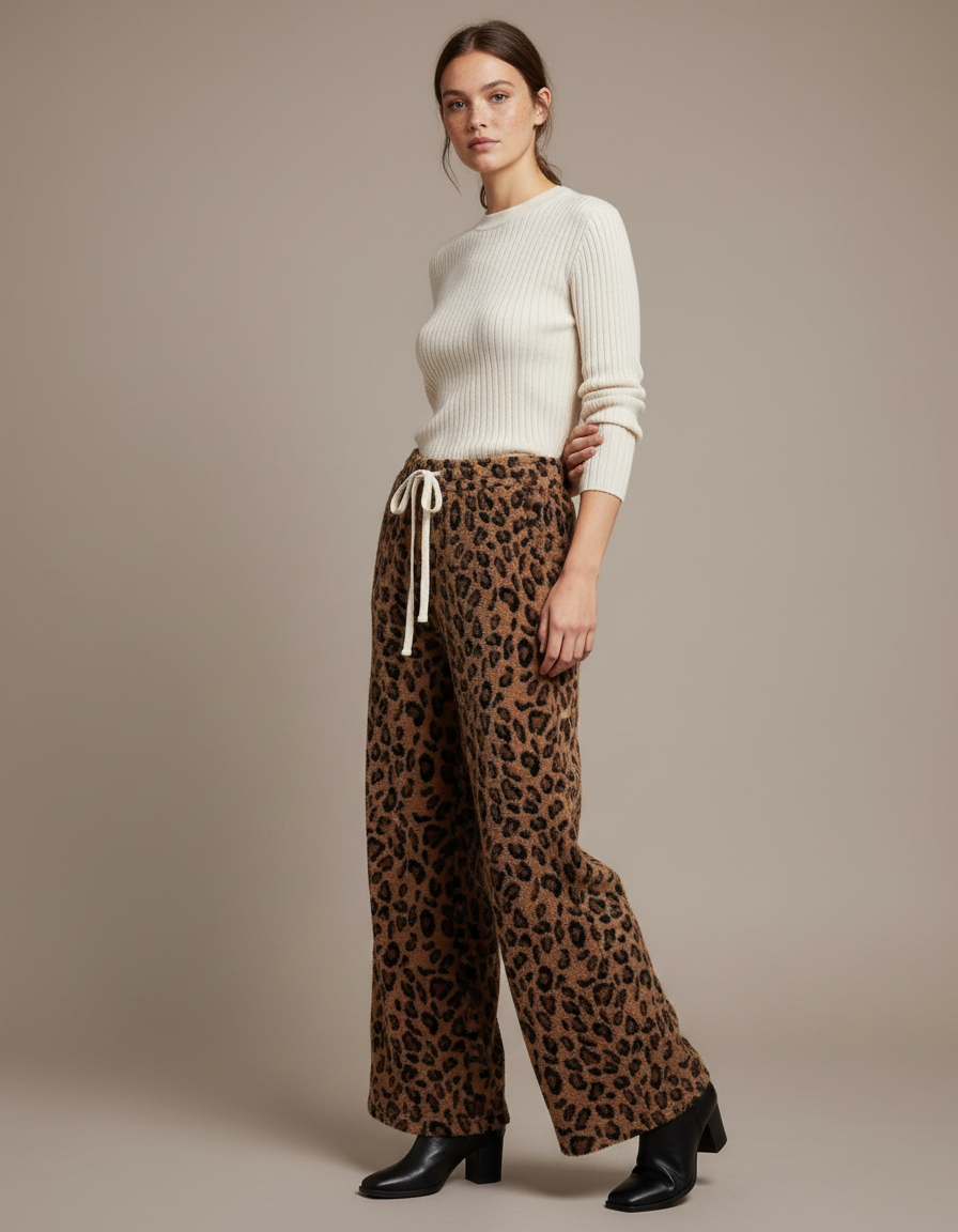 Pantalon Léopard Marron Ample Velours Doux Femme