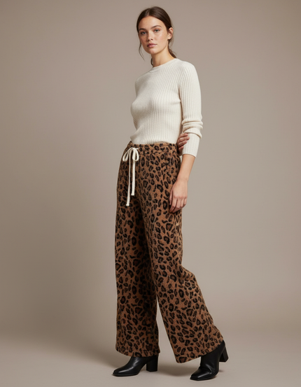 Pantalon Léopard Marron Ample Velours Doux Femme