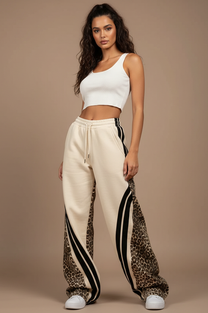 Pantalon Léopard Évasé Crème Rayures Noires Décontracté - Beige Molleton