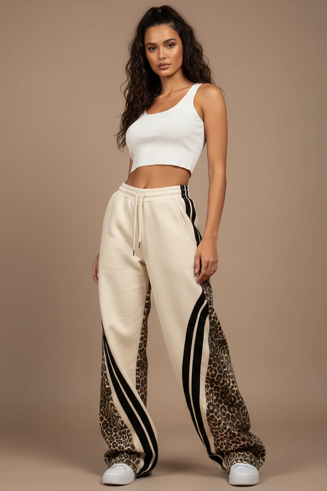 Pantalon Léopard Évasé Crème Rayures Noires Décontracté - Beige Molleton